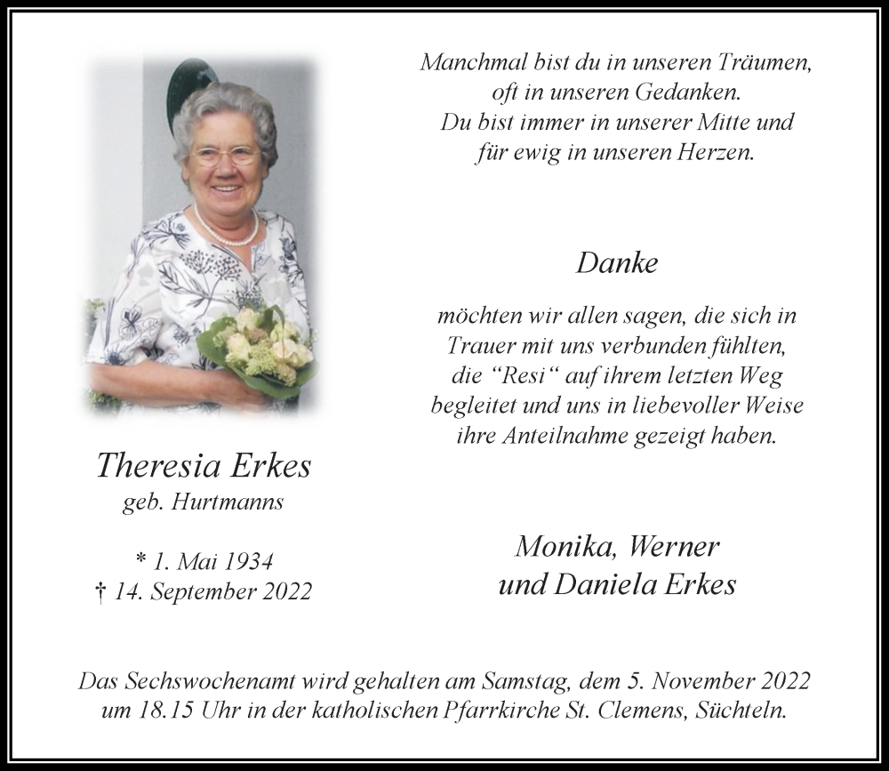  Traueranzeige für Theresia Erkes vom 22.10.2022 aus Rheinische Post