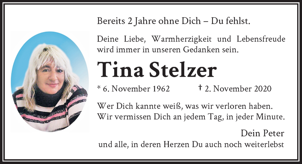  Traueranzeige für Tina Stelzer vom 01.11.2022 aus Rheinische Post
