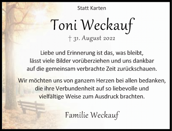 Traueranzeige von Toni Weckauf von Rheinische Post