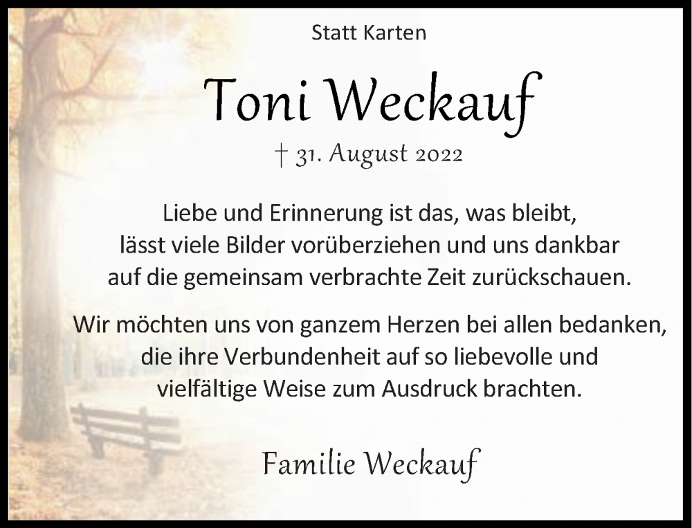  Traueranzeige für Toni Weckauf vom 22.10.2022 aus Rheinische Post