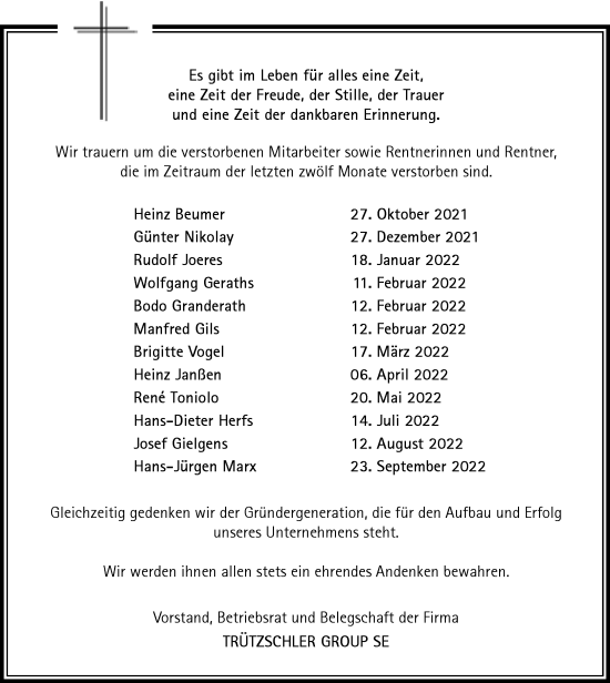 Traueranzeige von Totentafel vom 31.10.2022 von Rheinische Post