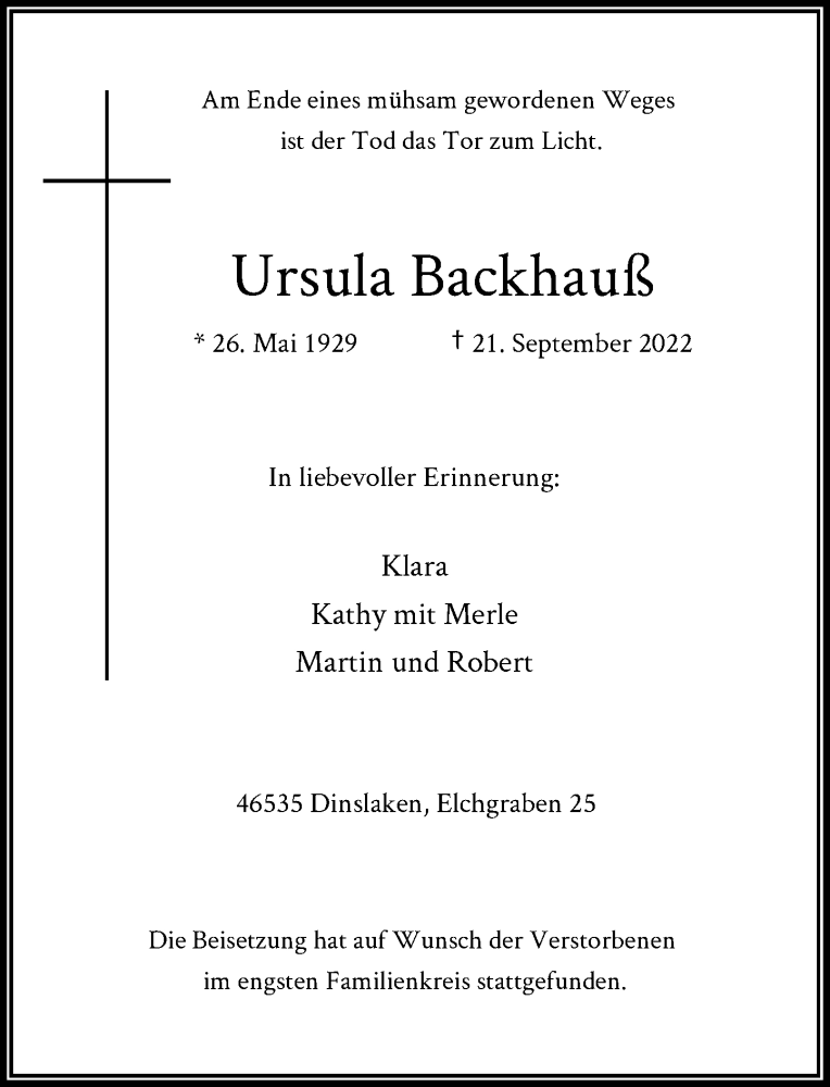  Traueranzeige für Ursula Backhauß vom 29.10.2022 aus Rheinische Post