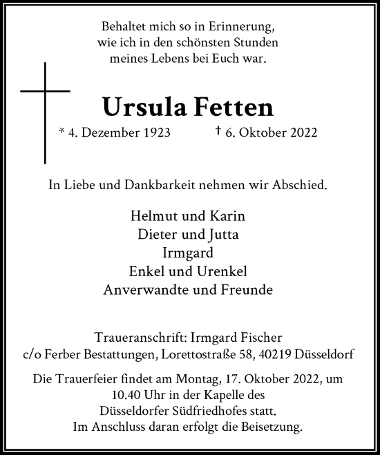 Traueranzeige von Ursula Fetten von Rheinische Post