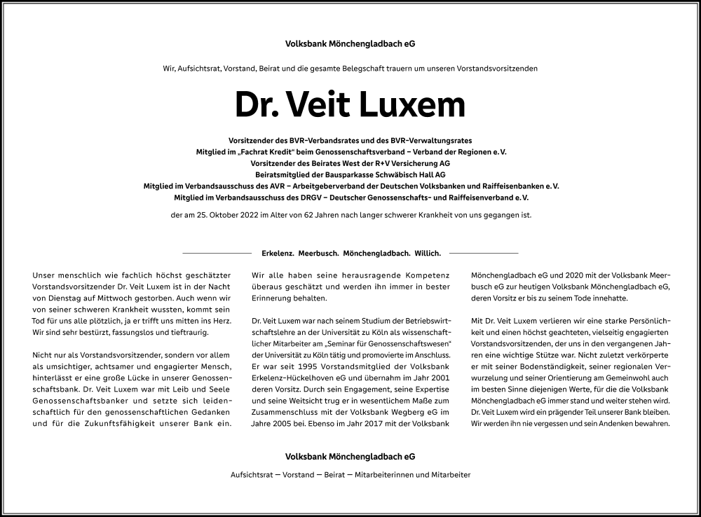  Traueranzeige für Veit Luxem vom 29.10.2022 aus Rheinische Post