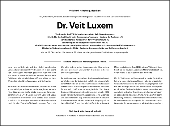 Traueranzeige von Veit Luxem von Rheinische Post