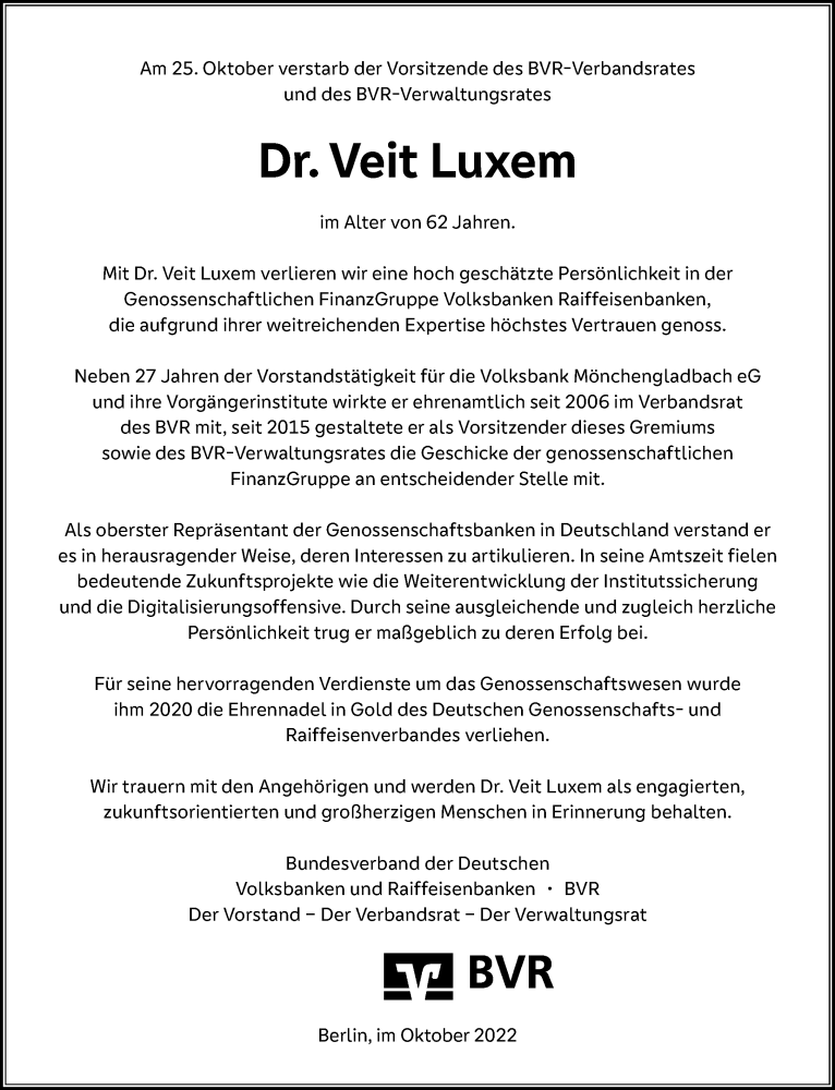  Traueranzeige für Veit Luxem vom 29.10.2022 aus Rheinische Post