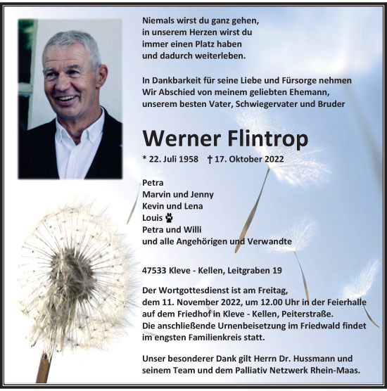 Traueranzeige von Werner Flintrop von Rheinische Post