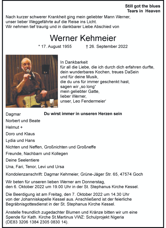Traueranzeige von Werner Kehmeier von Rheinische Post