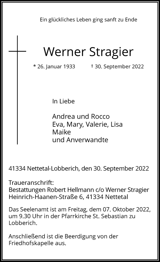 Traueranzeige von Werner Stragier von Rheinische Post