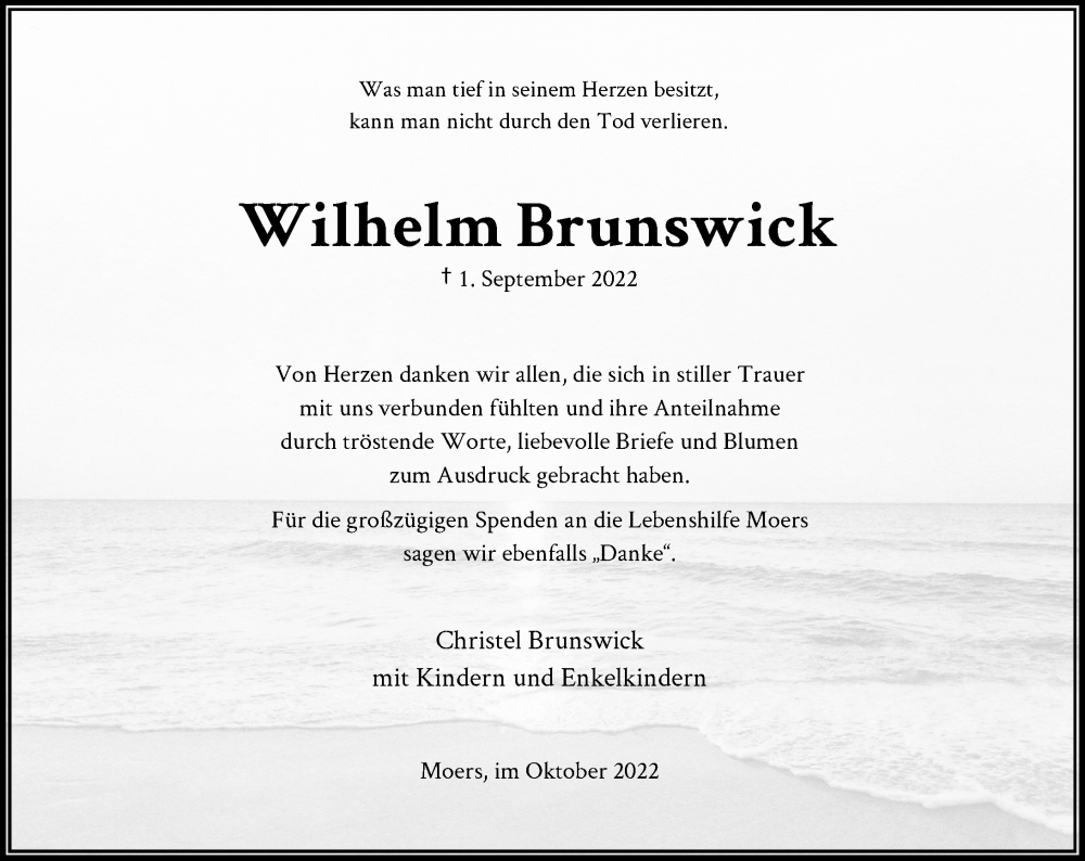  Traueranzeige für Wilhelm Brunswick vom 22.10.2022 aus Rheinische Post