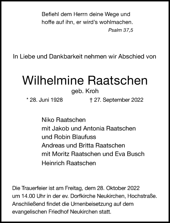 Traueranzeige von Wilhelmine Raatschen von Rheinische Post