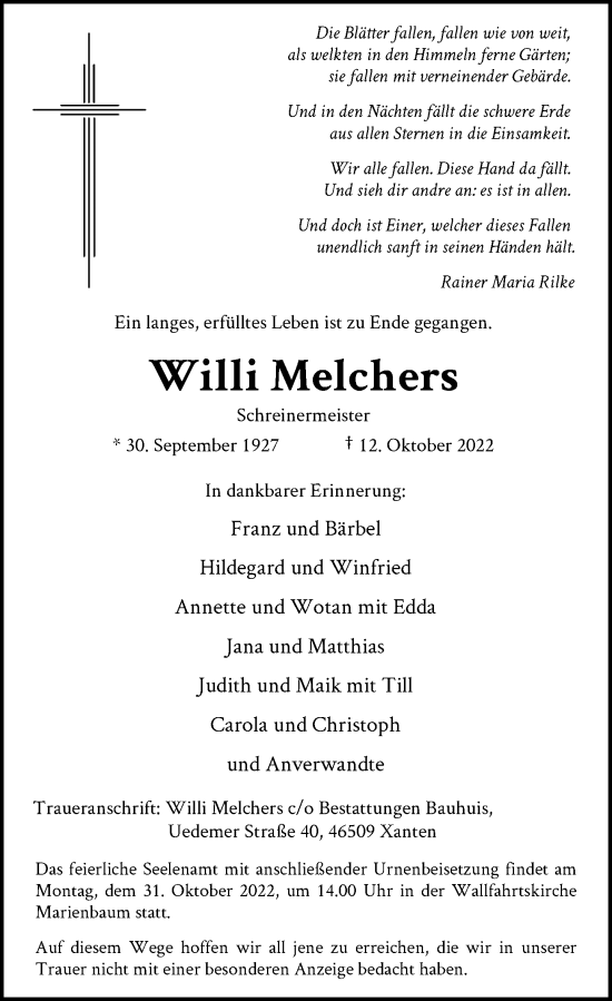 Traueranzeige von Willi Melchers von Rheinische Post