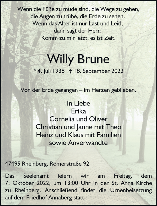 Traueranzeige von Willy Brune von Rheinische Post