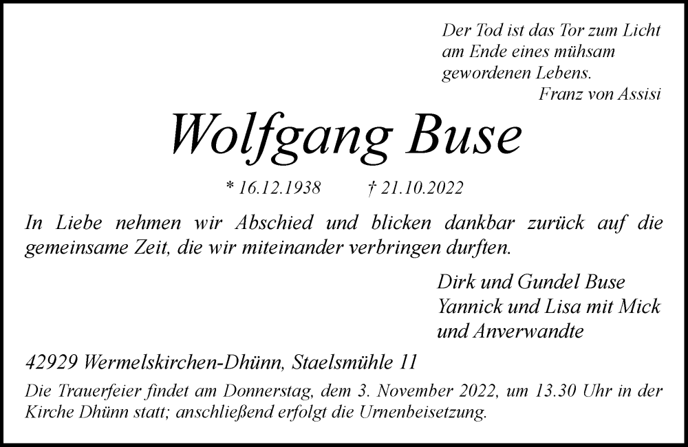  Traueranzeige für Wolfgang Buse vom 29.10.2022 aus Rheinische Post