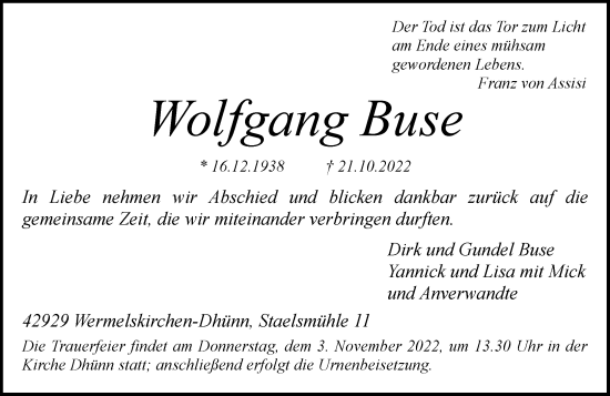 Traueranzeige von Wolfgang Buse von Rheinische Post
