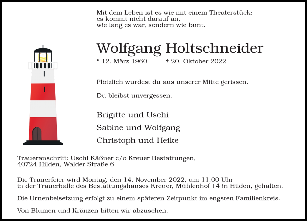  Traueranzeige für Wolfgang Holtschneider vom 05.11.2022 aus Rheinische Post