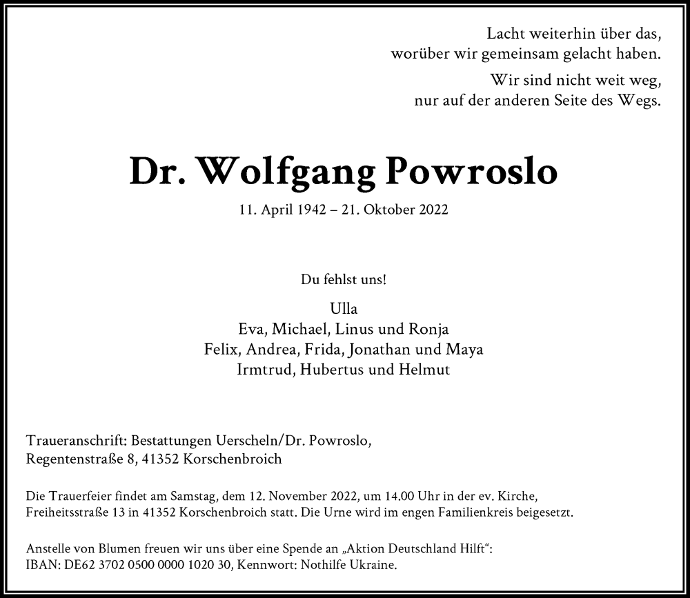  Traueranzeige für Wolfgang Powroslo vom 29.10.2022 aus Rheinische Post
