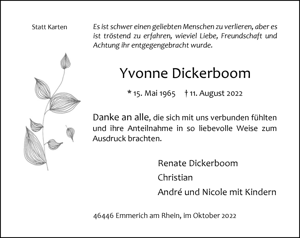  Traueranzeige für Yvonne Dickerboom vom 22.10.2022 aus Rheinische Post