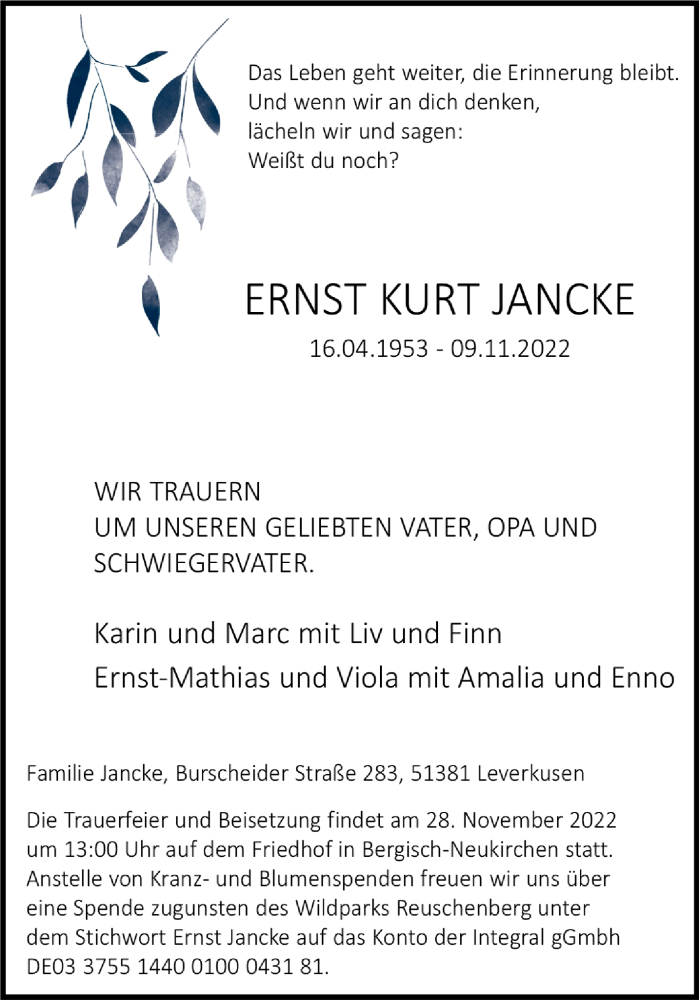  Traueranzeige für Ernst Kurt Jancke vom 24.11.2022 aus Rheinische Post