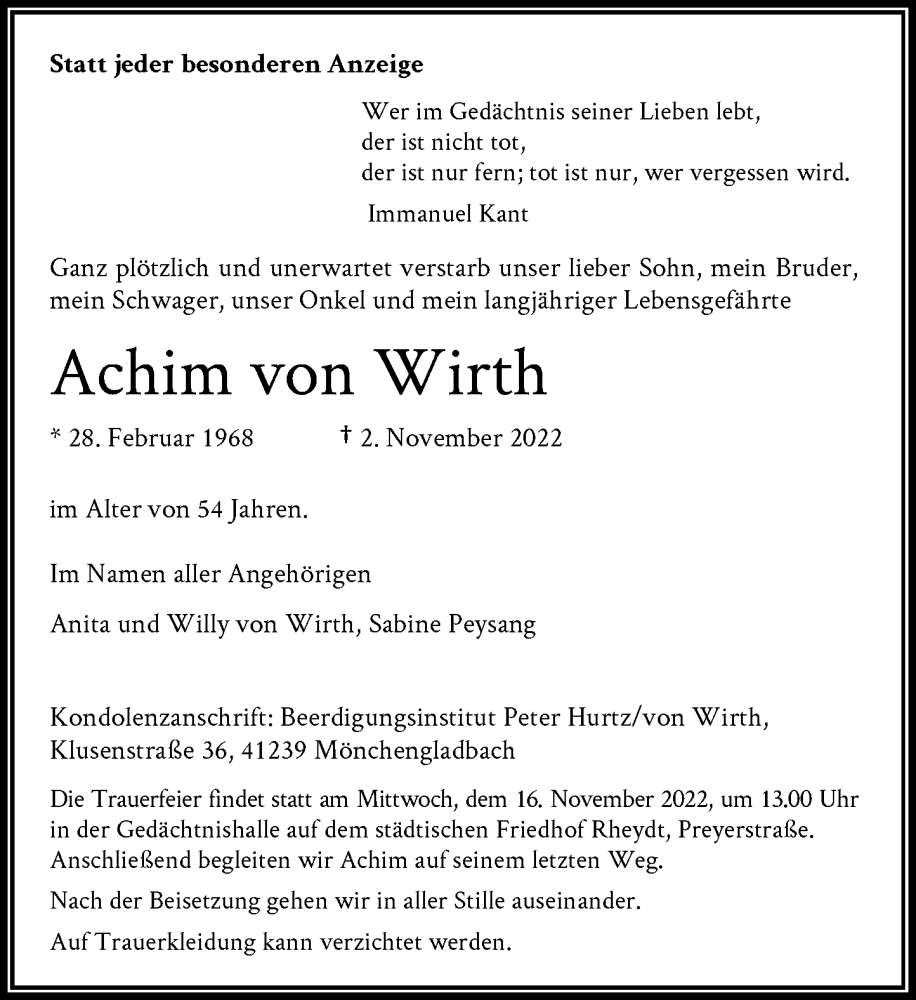  Traueranzeige für Achim von Wirth vom 12.11.2022 aus Rheinische Post