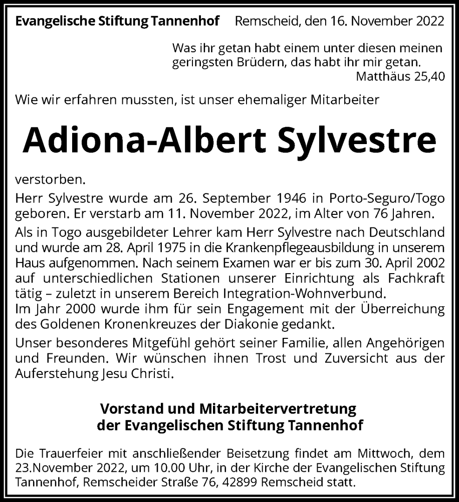  Traueranzeige für Adiona-Albert Sylvestre vom 18.11.2022 aus Rheinische Post