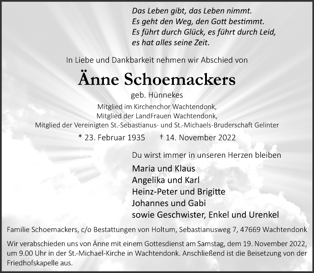  Traueranzeige für Änne Schoemackers vom 16.11.2022 aus Rheinische Post