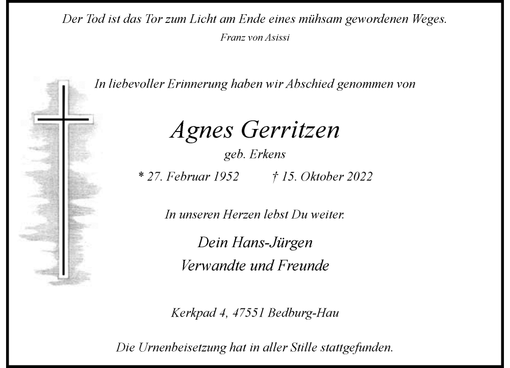  Traueranzeige für Agnes Gerritzen vom 05.11.2022 aus Rheinische Post