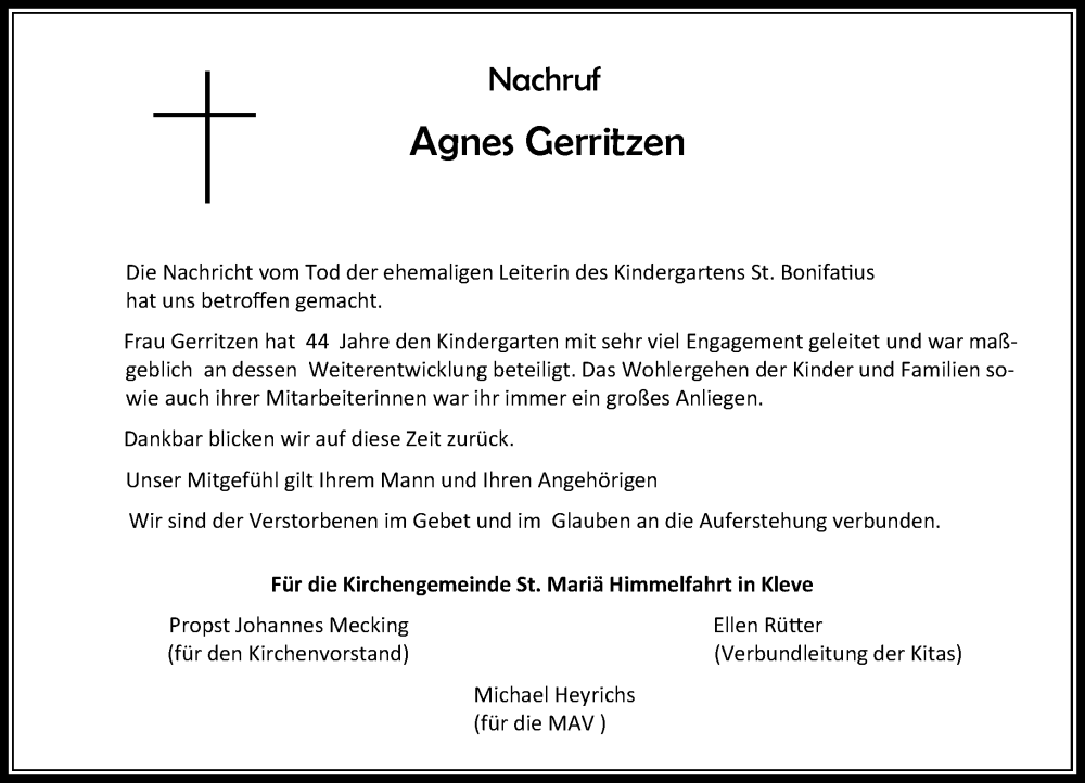  Traueranzeige für Agnes Gerritzen vom 19.11.2022 aus Rheinische Post