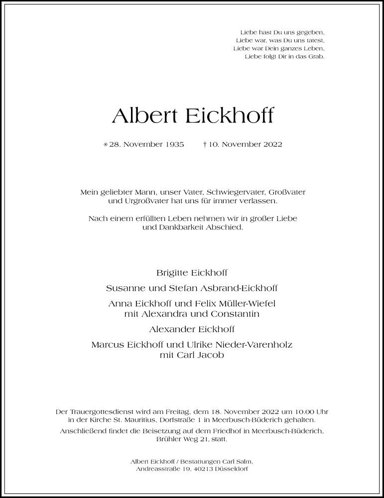  Traueranzeige für Albert Eickhoff vom 12.11.2022 aus Rheinische Post