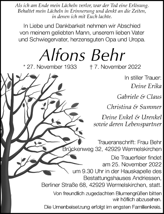 Traueranzeige von Alfons Behr von Rheinische Post