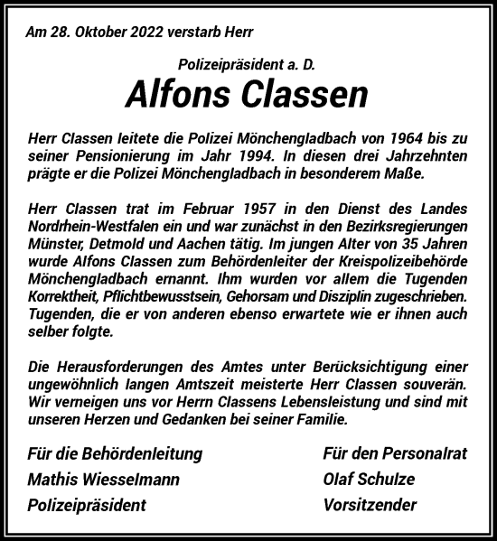 Traueranzeige von Alfons Classen von Rheinische Post