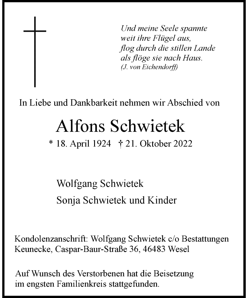  Traueranzeige für Alfons Schwietek vom 09.11.2022 aus Rheinische Post