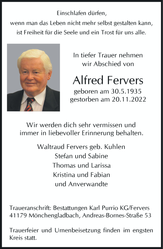 Traueranzeige von Alfred Fervers von Rheinische Post