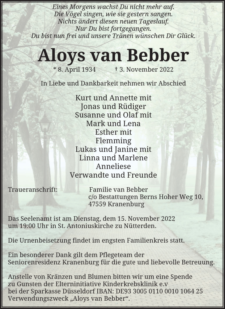  Traueranzeige für Aloys van Bebber vom 12.11.2022 aus Rheinische Post