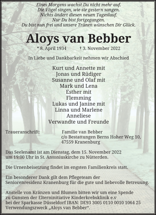 Traueranzeige von Aloys van Bebber von Rheinische Post