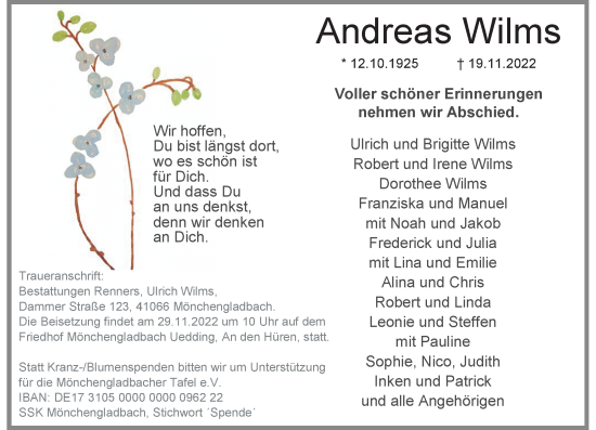 Traueranzeige von Andreas Wilms von Rheinische Post