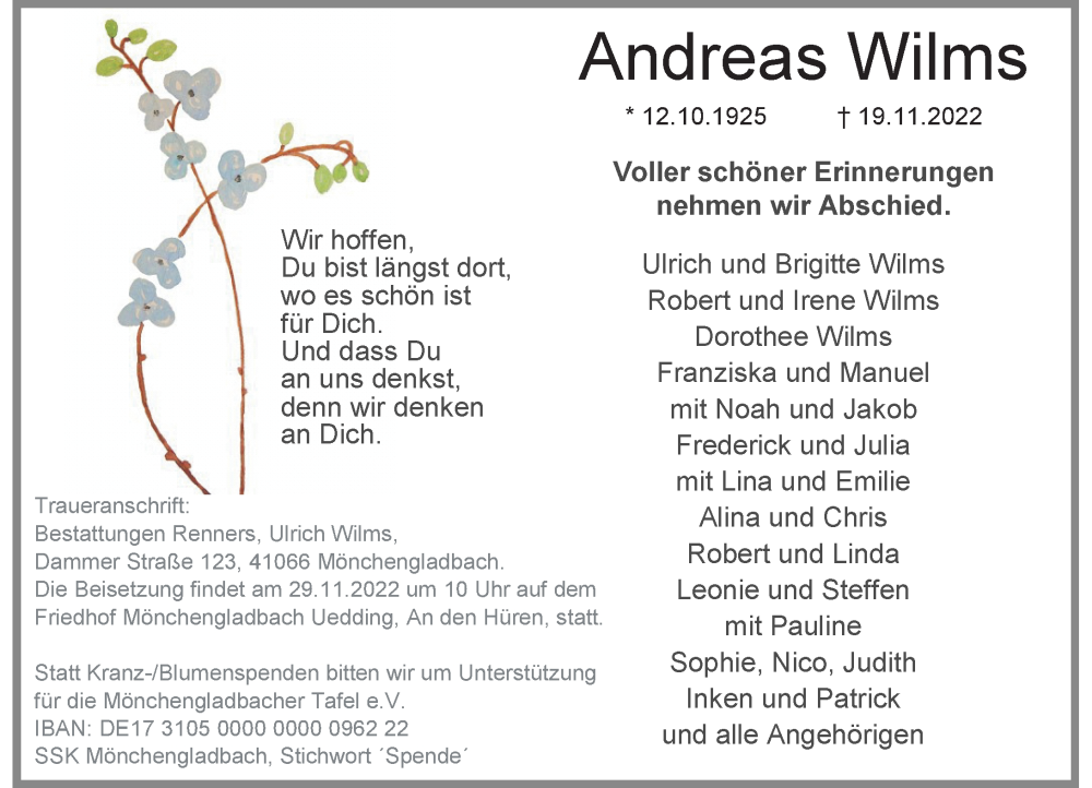  Traueranzeige für Andreas Wilms vom 26.11.2022 aus Rheinische Post
