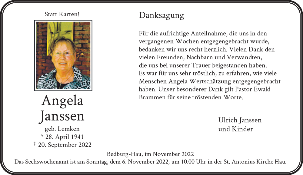  Traueranzeige für Angela Janssen vom 05.11.2022 aus Rheinische Post