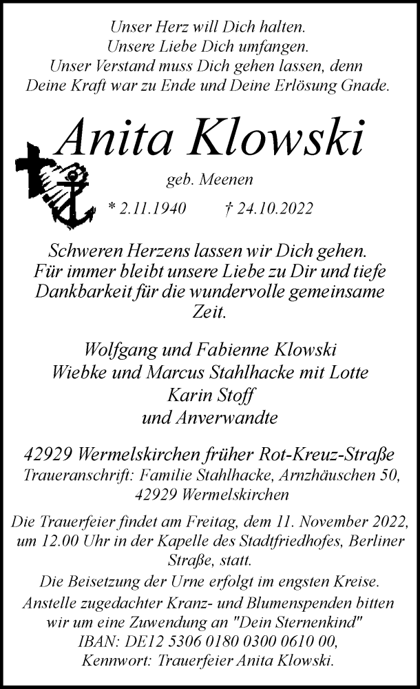  Traueranzeige für Anita Klowski vom 05.11.2022 aus Rheinische Post