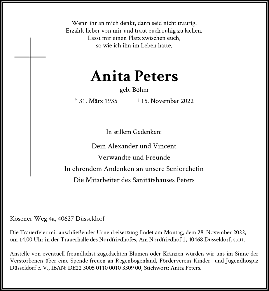  Traueranzeige für Anita Peters vom 26.11.2022 aus Rheinische Post