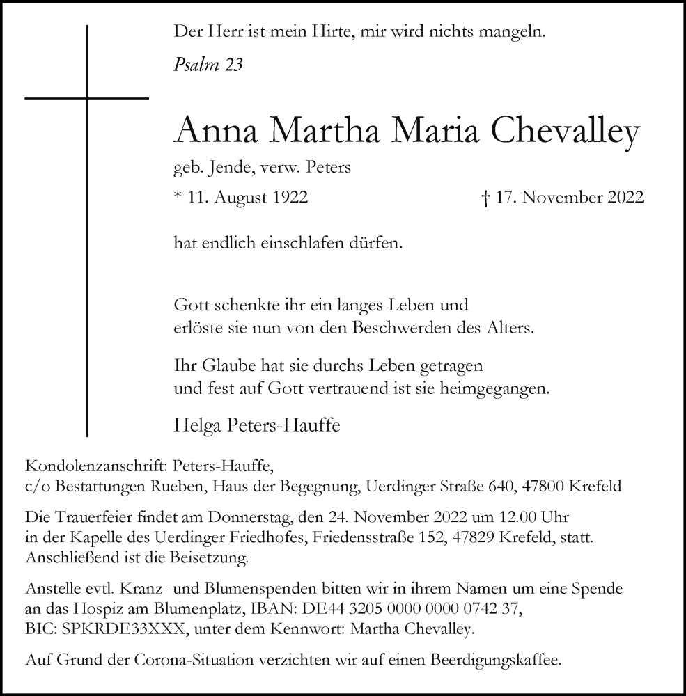  Traueranzeige für Anna Martha Maria Chevalley vom 19.11.2022 aus Rheinische Post