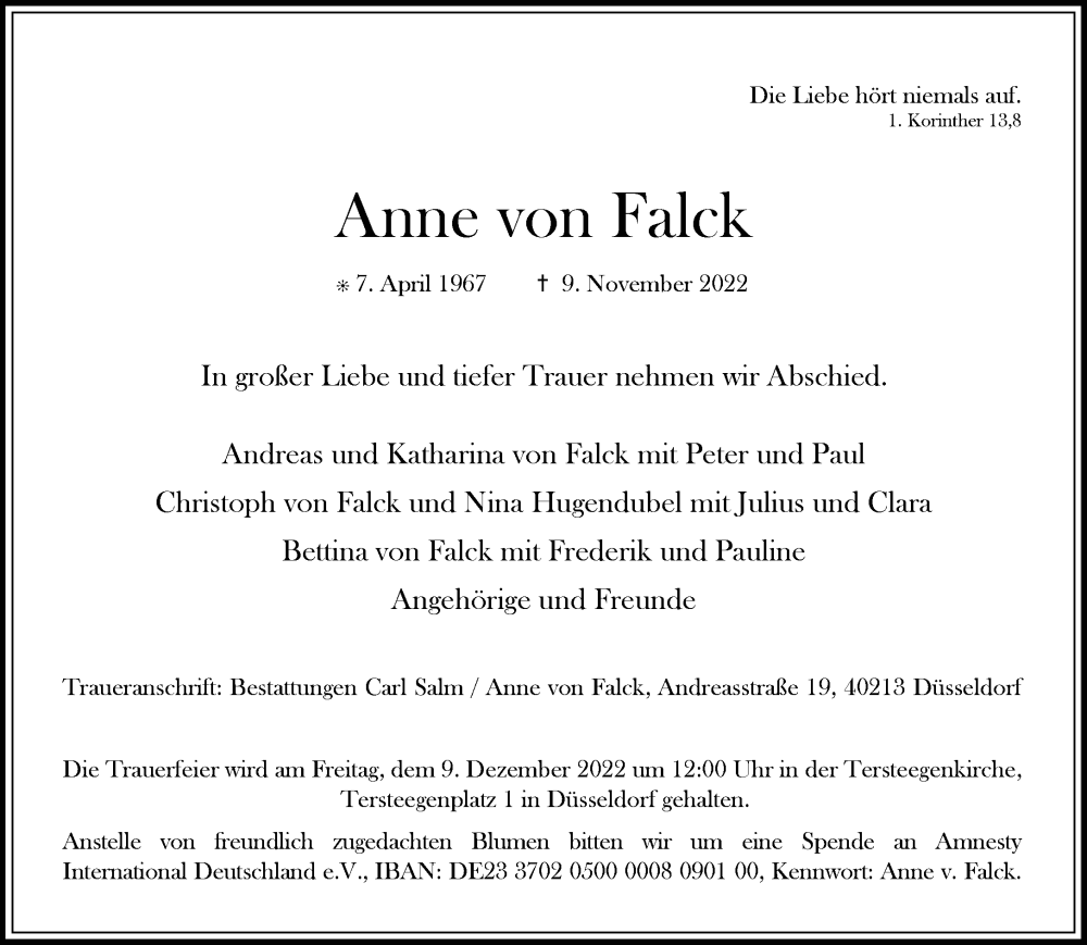  Traueranzeige für Anne von Falck vom 19.11.2022 aus Rheinische Post