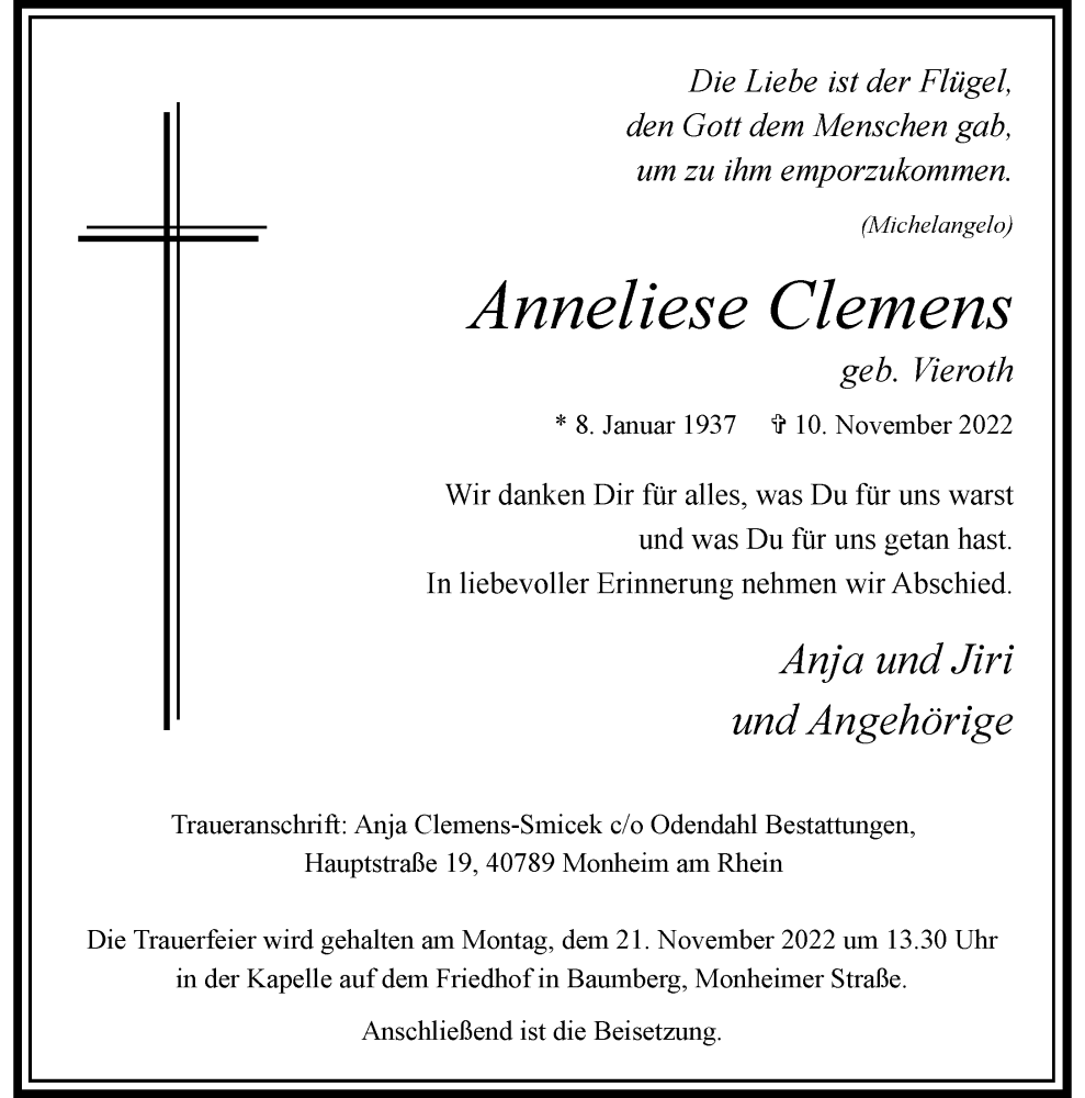  Traueranzeige für Anneliese Clemens vom 19.11.2022 aus Rheinische Post