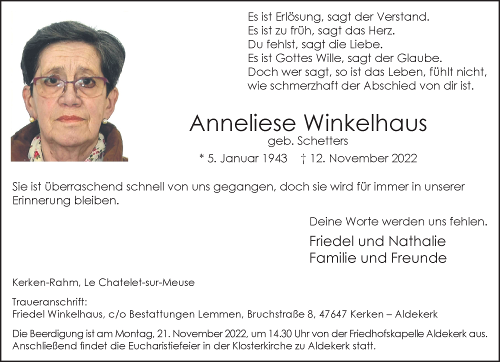  Traueranzeige für Anneliese Winkelhaus vom 16.11.2022 aus Rheinische Post