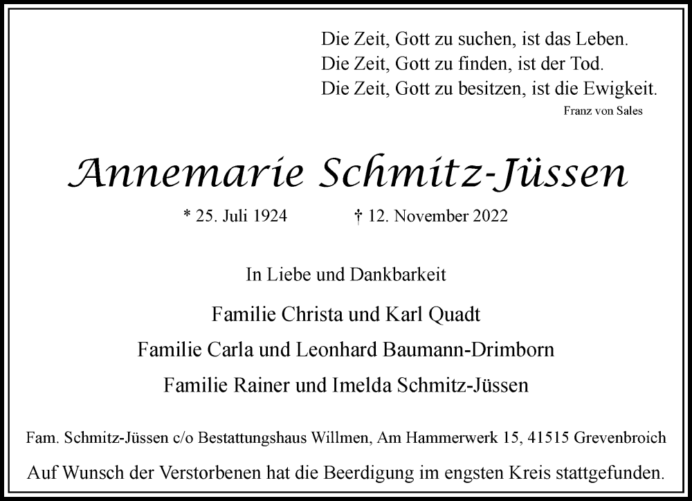  Traueranzeige für Annemarie Schmitz-Jüssen vom 19.11.2022 aus Rheinische Post