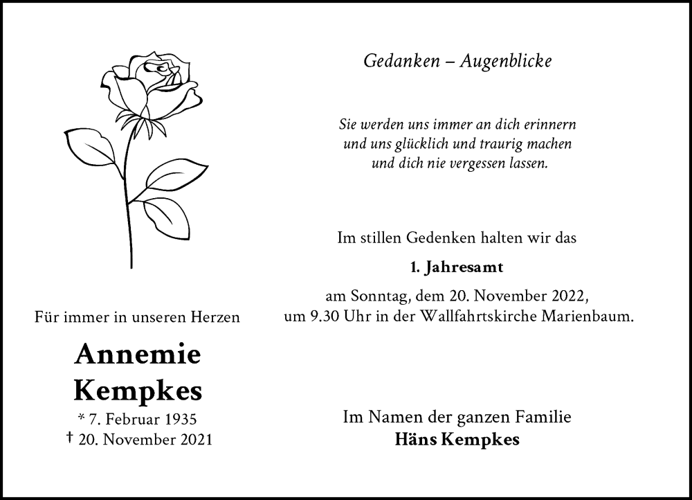  Traueranzeige für Annemie Kempkes vom 16.11.2022 aus Rheinische Post