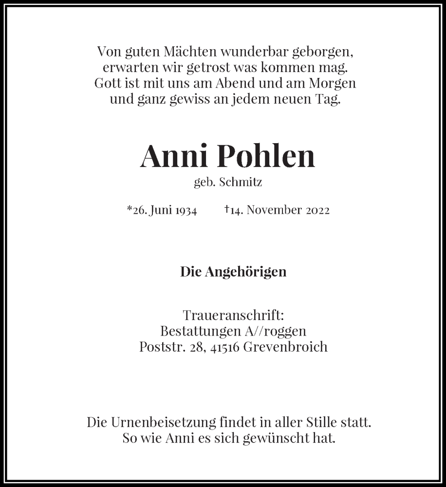  Traueranzeige für Anni Pohlen vom 19.11.2022 aus Rheinische Post