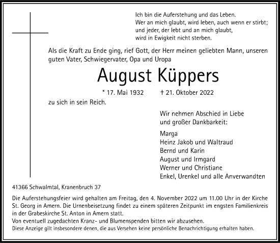 Traueranzeige von August Küppers von Rheinische Post