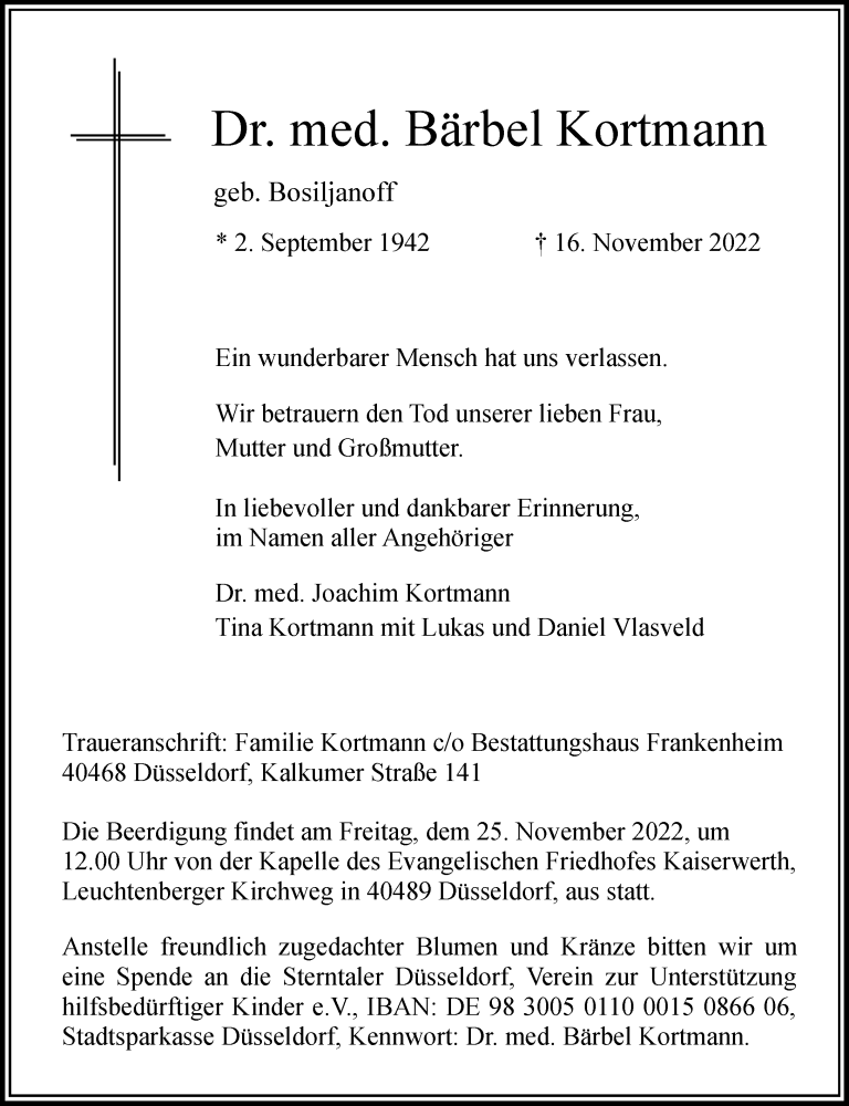  Traueranzeige für Bärbel Kortmann vom 19.11.2022 aus Rheinische Post