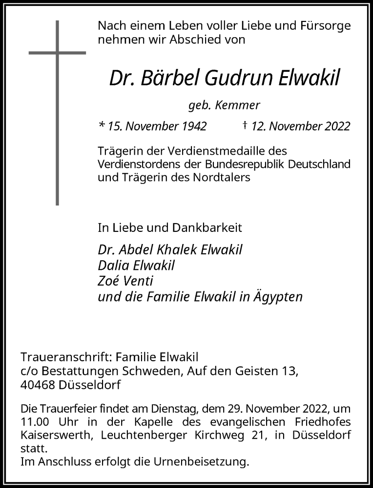  Traueranzeige für Bärbel Gudrun Elwakil vom 26.11.2022 aus Rheinische Post